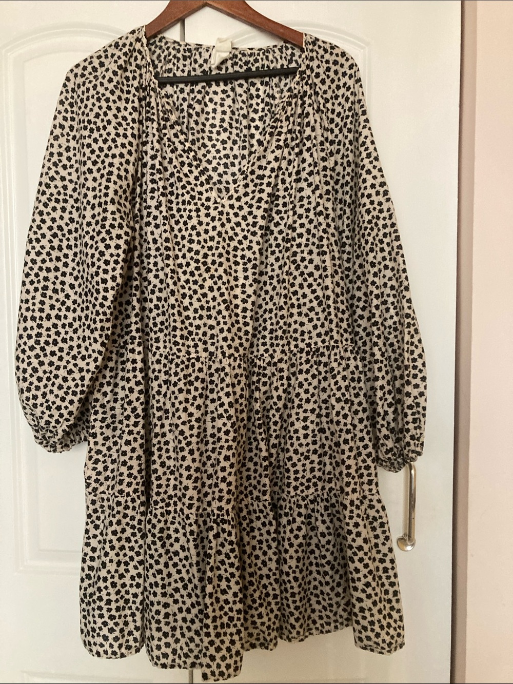 H&M Cream Long Sleeve Floral Tiered Dress with Black Print
